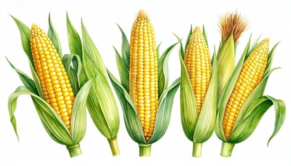 Watercolor illustration of four corn cobs