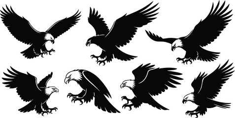 Obraz premium eagle vector illustration Majestic Eagle Silhouettes - Powerful Bald Eagle Vector Set Dynamic Flying Eagle Graphics - Wildlife Bird of Prey Illustrations Aggressive Eagle Poses
