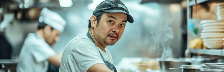 A dedicated chef works diligently in a busy kitchen, preparing delicious dishes. The vibrant atmosphere captures the essence of culinary passion and teamwork.