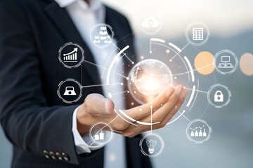 Businessman holding digital icons of people and team management, representing human resources, recruitment, employee data, business leadership, and digital HR solutions.
