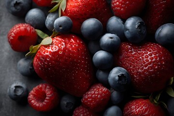 Obraz premium A vibrant close-up of fresh mixed berries, featuring juicy strawberries and ripe blueberries, perfect for healthy eating and summer recipes