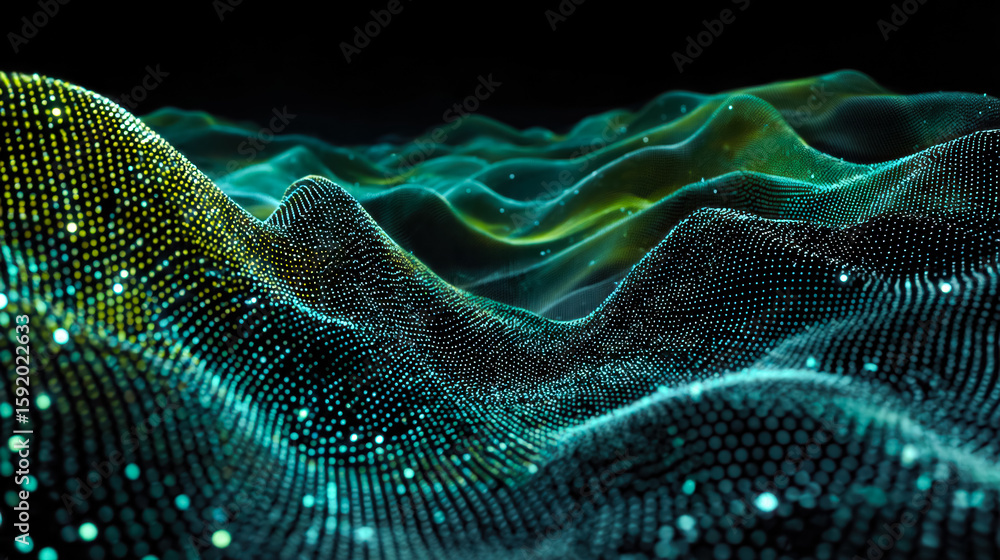 Poster abstract digital waveforms with glowing dotted patterns and vibrant colors