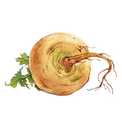 Watercolor yellow turnips with roots and leaves on transparent background