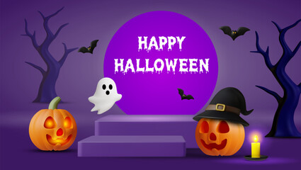3D illustration vector render of a happy Halloween theme night poster scene. Podium or stairs, pumpkin with face in witch hat, candles shining, floating ghost, bats, dry tree, annual festival.