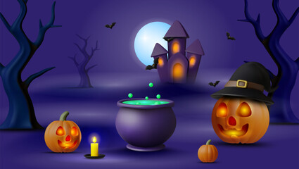 3D illustration vector render of Halloween theme at night. Dark and scary atmosphere with haunted house, bats, magic cauldron, pumpkin lantern, bright candles, dry tree.