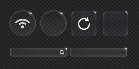 Liqiud glass panel different shapes. Transparent glass icon. Glass frames transparent. Ui and Ux glossy design. Wifi and search bar glossy button