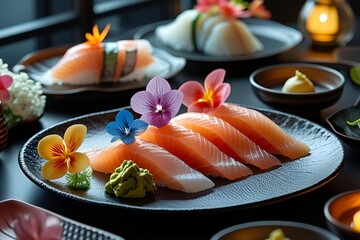 Elegant Salmon Nigiri Sushi Platter with Edible Flowers