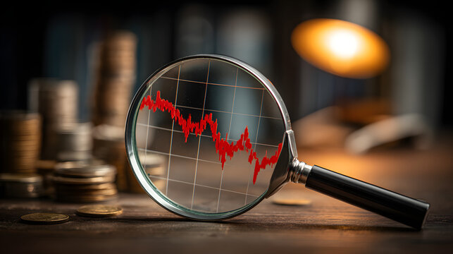 A magnifying glass focuses on a declining financial graph with bookshelves and a desk lamp in the background, highlighting financial analysis.