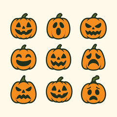 Set of Diverse Halloween Jack o Lantern Faces with Various Expressions Vector Illustration