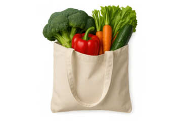 Eco-friendly tote bag carrying organic vegetables, emphasizing green living and nutritious diet, against clean backdrop