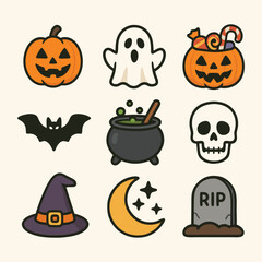 Cute Halloween Cartoon Icons Set Spooky Pumpkins, Ghosts, Witches, and Bats