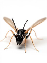 Closeup of a black wasp with wings, antenna, and details in a macro wildlife photograph