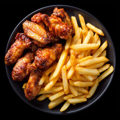 Chicken wings & fries on plate. Delicious meal on black background for web, marketing, design, menu. Overhead shot.