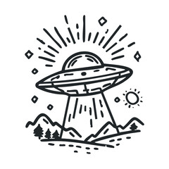 Alien spaceship landing in a mountain landscape with sun