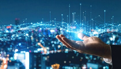 Hand holding digital network over cityscape