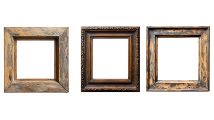Three Vintage Wooden Picture Frames with Ornate Edges on white or transparent background.
