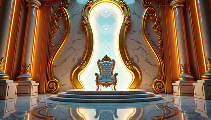 Luxurious royal throne in an ornate palace setting with golden accents and marble columns