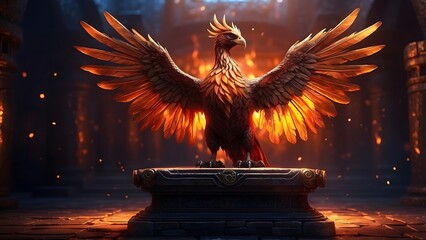 A glowing phoenix perched on an ancient, rune-covered pedestal, cinematic fantasy and mythology desktop wallpaper backdrop, cinematic HDR vibrant theme colors, promo movie sales poster banner