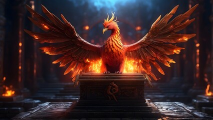 A glowing phoenix perched on an ancient, rune-covered pedestal, cinematic fantasy and mythology desktop wallpaper backdrop, cinematic HDR vibrant theme colors, promo movie sales poster banner