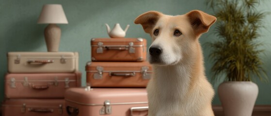 Fototapeta premium Disappointed dog observing family packing for trip with luggage and home decor