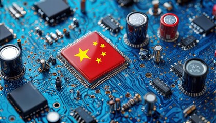 a close-up view of a circuit board with a microchip displaying the flag of china, symbolizing technological advancement and international relations.