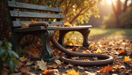 Garden hose coiled beside a wooden bench in a sunlit park  