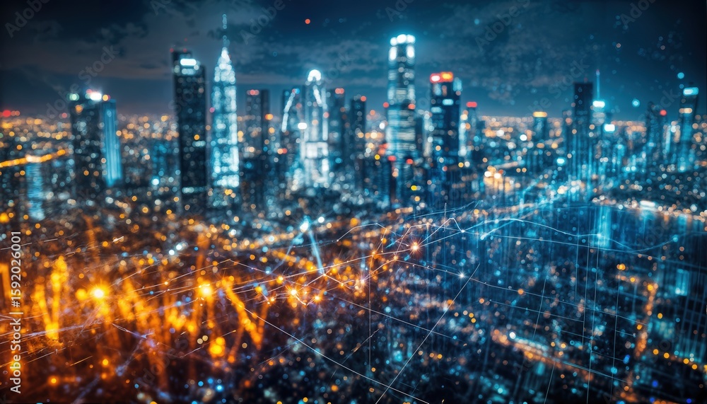Poster a vibrant, futuristic cityscape is overlaid with a network of glowing lines and bokeh lights, repres