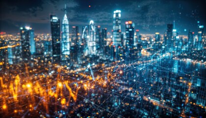 Obraz premium a vibrant, futuristic cityscape is overlaid with a network of glowing lines and bokeh lights, representing data connections and technological advancement.