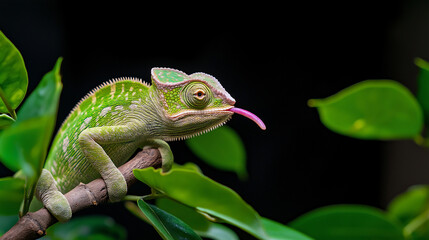 Fototapeta premium Chameleon reptile with green scales on a branch in tropical nature, showcasing wildlife and camouflage