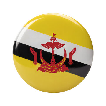 Glossy button features the Brunei flag emblem, vibrant yellow, white, and black stripes against a clean, isolated background.
