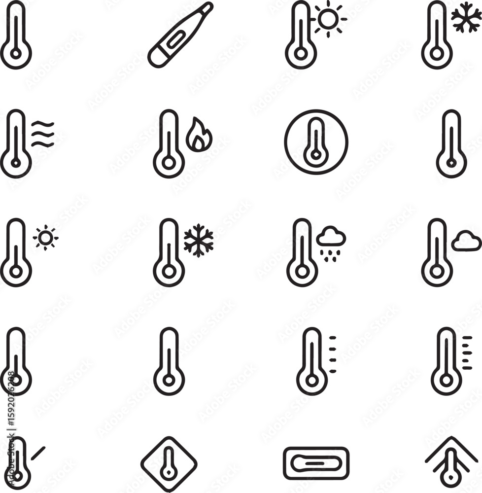 Poster temperature and thermometer icon set. 20 climate and weather line symbols. temperature icon set vect
