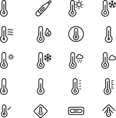 Fototapeta premium Temperature and thermometer icon set. 20 climate and weather line symbols. Temperature icon set vector.
