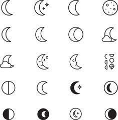 Moon And Night Icon Collection. Minimal Lunar Line Symbols. Moon Icon Set Vector.