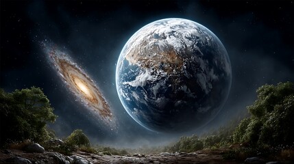 Obraz premium Panoramic rendering of the solar system with Earth in the foreground and a spiral galaxy visible in the distance. 