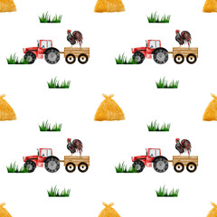 Tractor and haystack watercolor seamless pattern. Drawing of a red toy car with a cart on a white background. Illustration of an agricultural machine. For children's textiles, bed linen, diapers