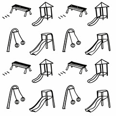 Seamless repeating line art pattern_ Tiny swings, slides, and bouncing balls scattered playfully. Thin black lines, no overlaps, perfect for fabric_textile design