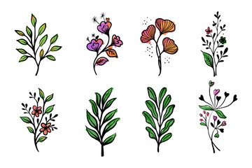 collection of eight unique floral designs. Each design features a distinct arrangement of leaves and flowers in a vibrant rainbow color palette.