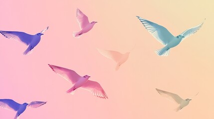 Fototapeta premium Seagulls Flying with Pastel Sky Creative Concept Colorful and Minimal