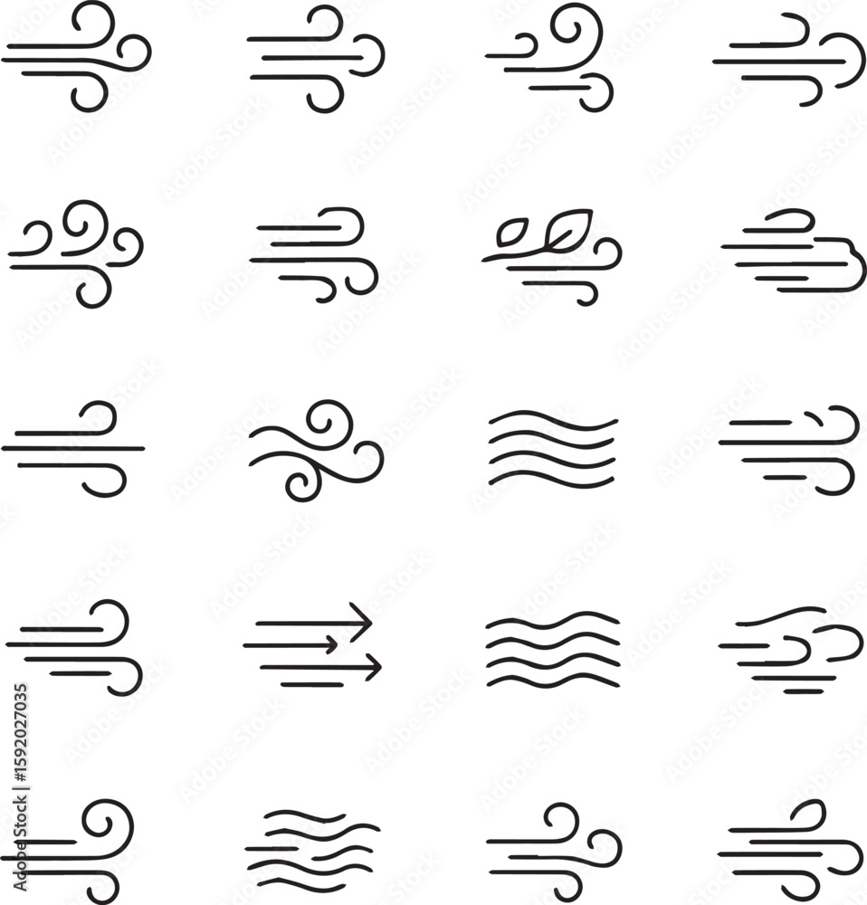 Poster wind icon set. 20 minimal line style motion symbols in black and white.