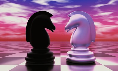 Two chess knights on a checkerboard floor, competition, game strategy abstract 3d illustration.