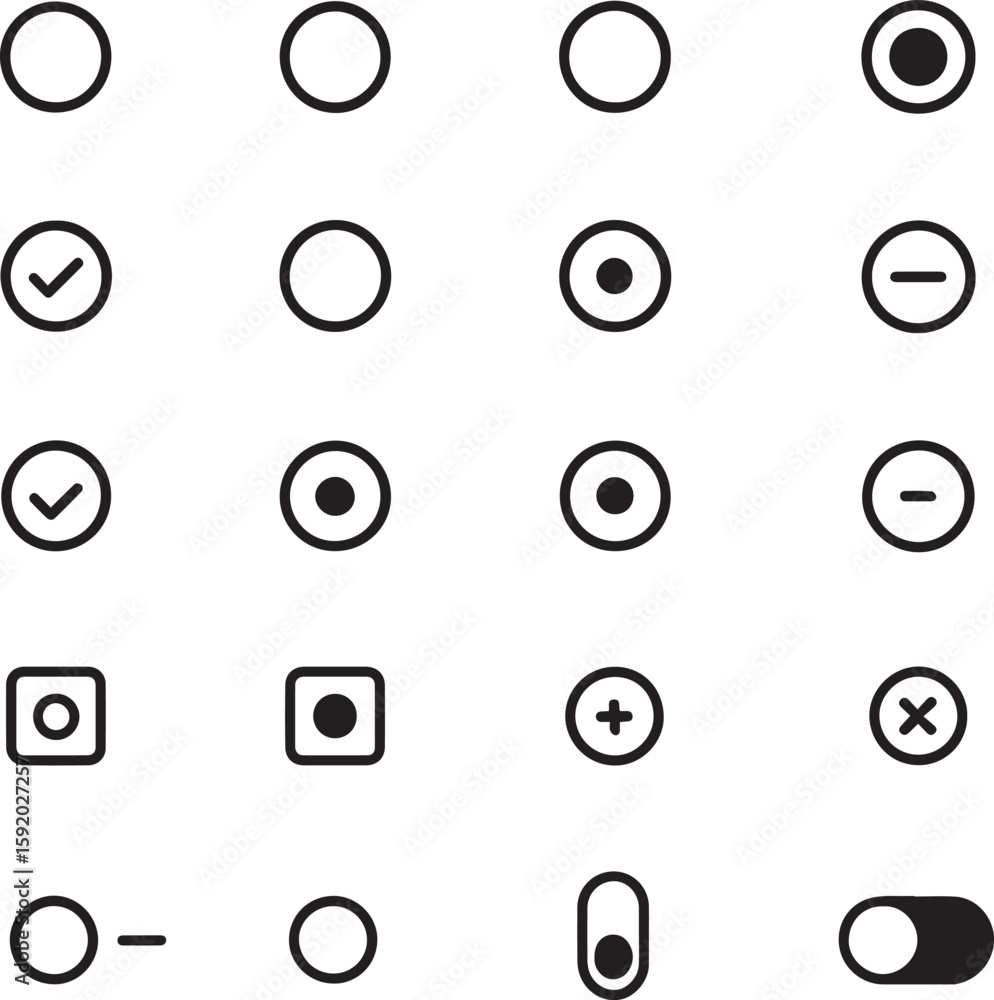 Poster ui toggle icon set. 20 minimal black and white interface symbols. vector