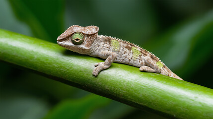 Fototapeta premium Chameleon, reptile, and lizard in camouflage amidst nature and wildlife on a green rainforest branch