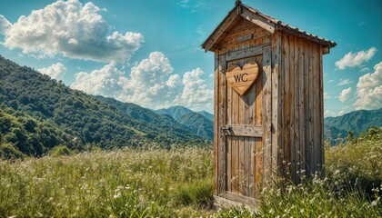 a rustic wooden outhouse with a heart-shaped "wc" sign stands amidst a field of wildflowers against a backdrop of lush, rolling mountains under a bright, cloudy sky.