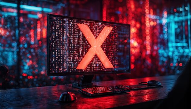 a glowing computer monitor displays a large red "x" over lines of binary code, illuminated by a vibrant neon cityscape background and surrounded by a gaming keyboard and mouse.