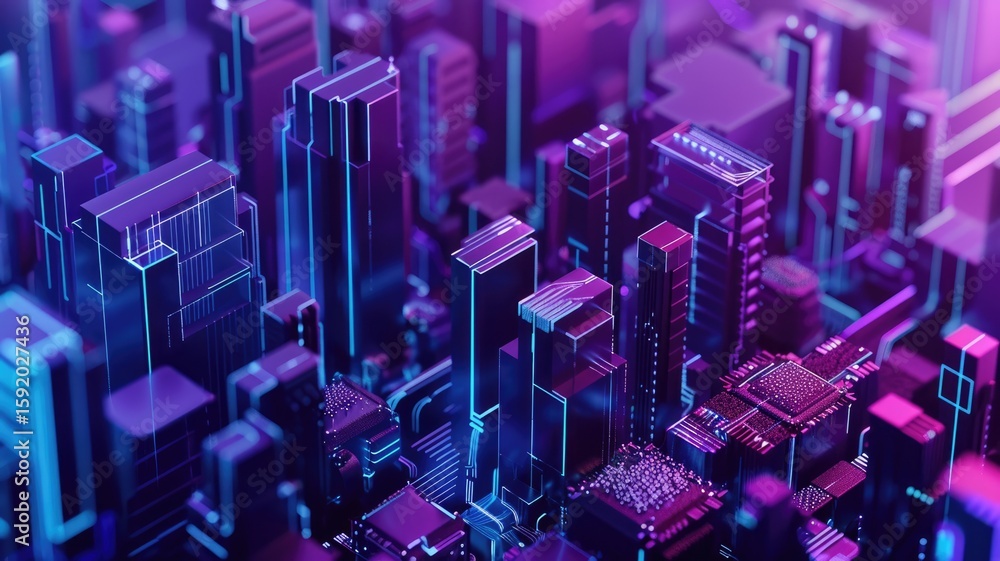 Poster futuristic cityscape with neon lights and digital grid elements. sci-fi cyberpunk concept. digital a