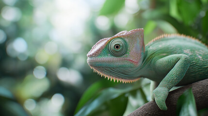 Fototapeta premium Chameleon reptile lizard blending with nature in exotic jungle environment wildlife