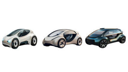 Three Futuristic Sleek Cars with Large Windows on white or transparent background.
