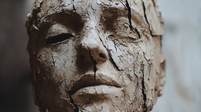 Cracked clay sculpture face, studio, art, background blur, conceptual - Powered by Adobe