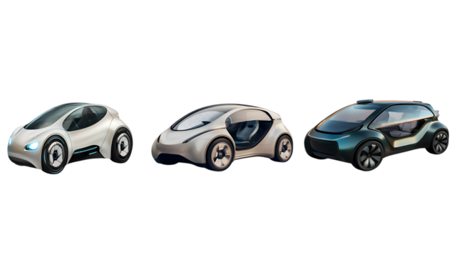 Three Futuristic Sleek Cars with Large Windows on white or transparent background.
