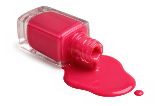 Vivid pink nail polish flowing from tipped bottle, spreading colorful liquid across transparent surface